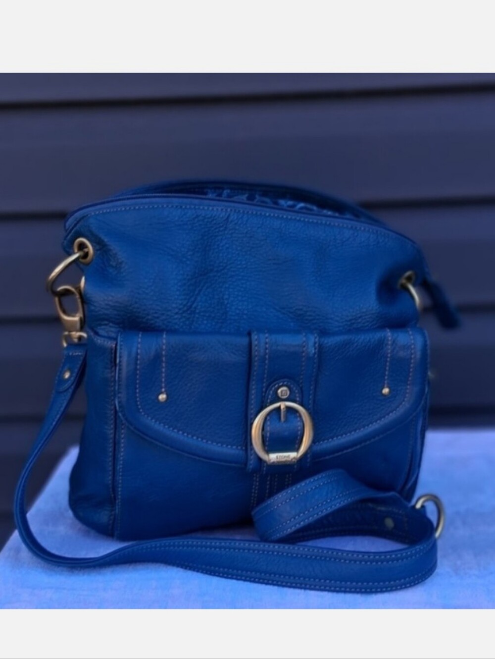 Stone Mountain Real Blue Leather Crossbody Bag with Gold Hardware
